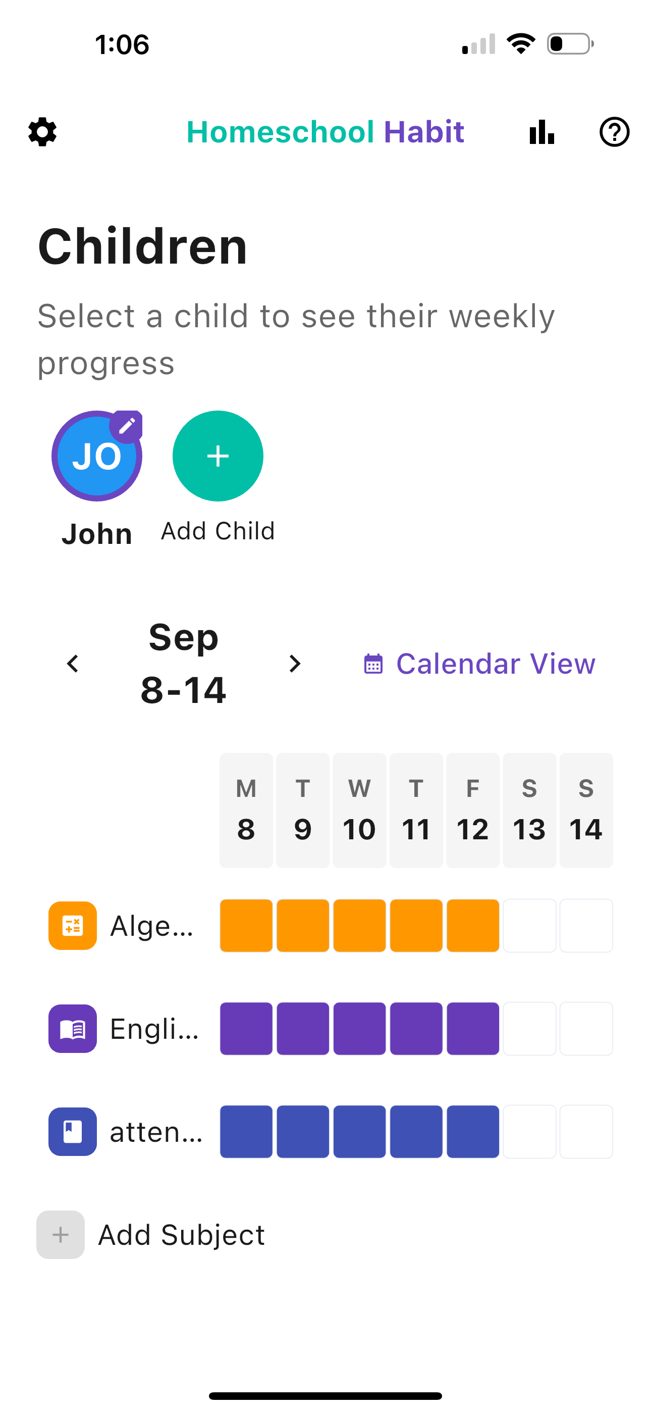 Screenshot showing the main logging interface in Homeschool Habit